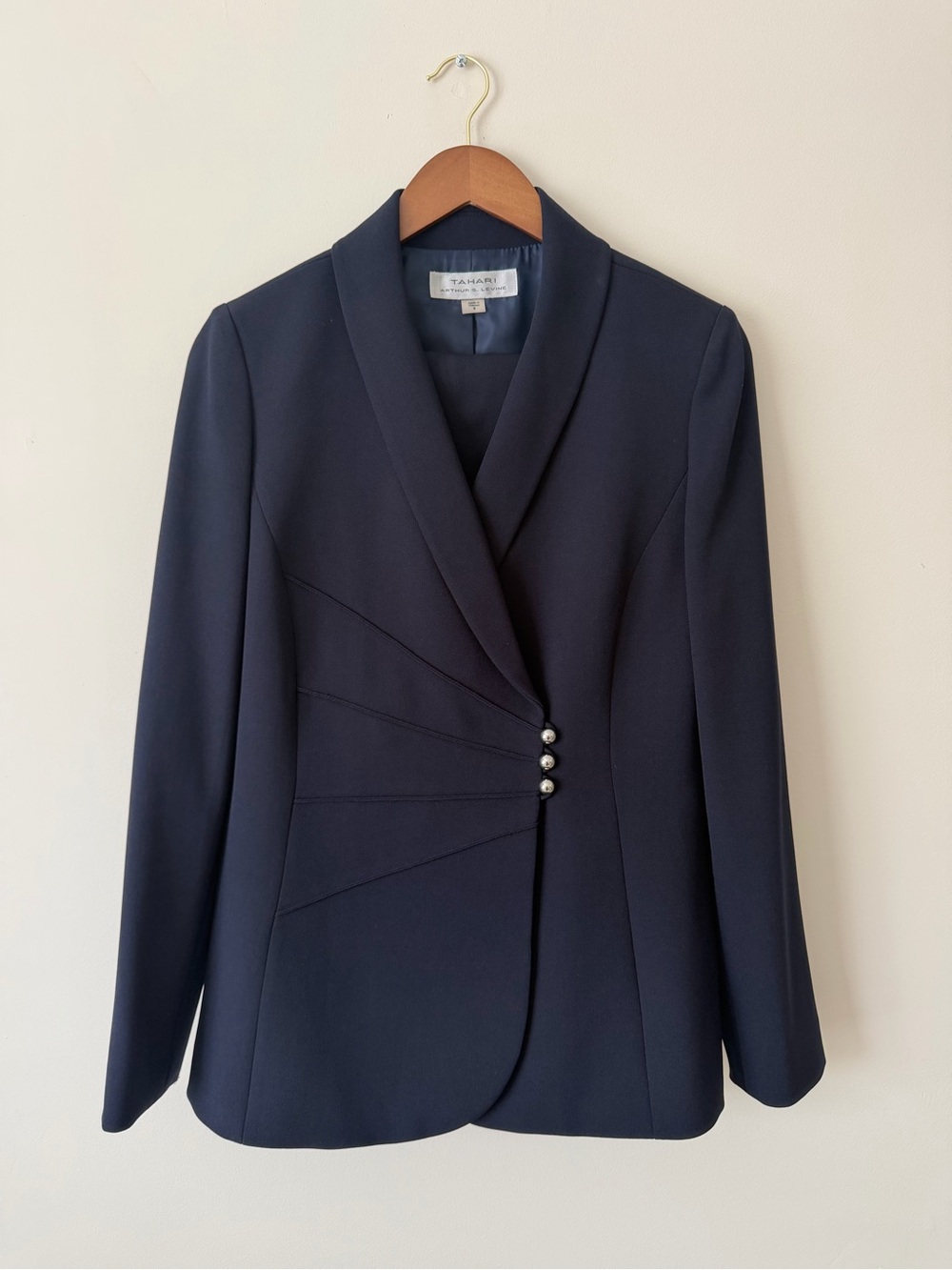 Tahari Suit Set: Dark Navy Wrap Blazer with Accent Buttons and Matching Pants 8